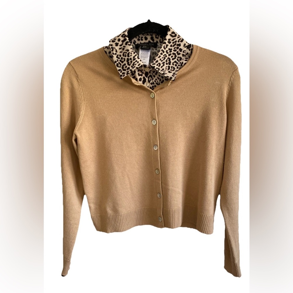 Rachel Zoe Beige Cardigan with Animal Print Collar